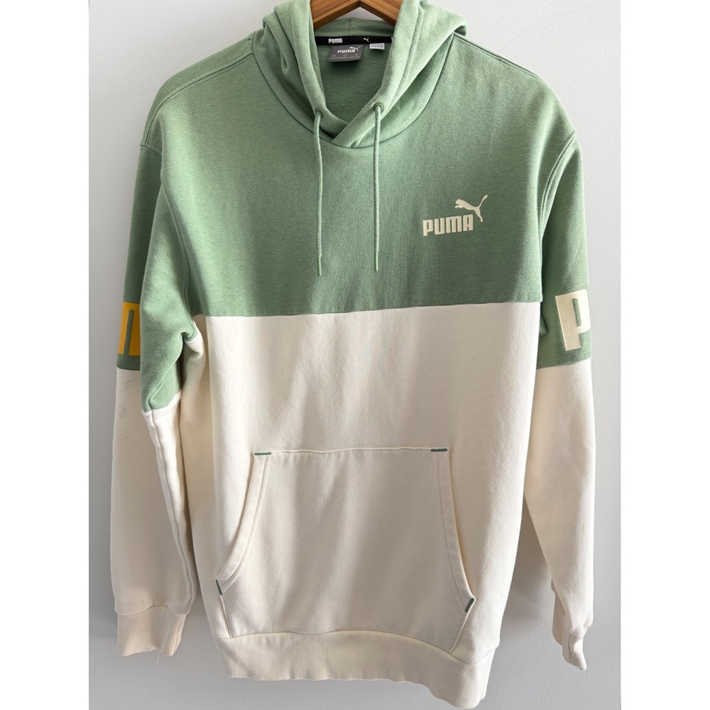 Puma Mens Colorblock Hoodie Sage Green Cream Fleece Pullover 849068-65 Size M